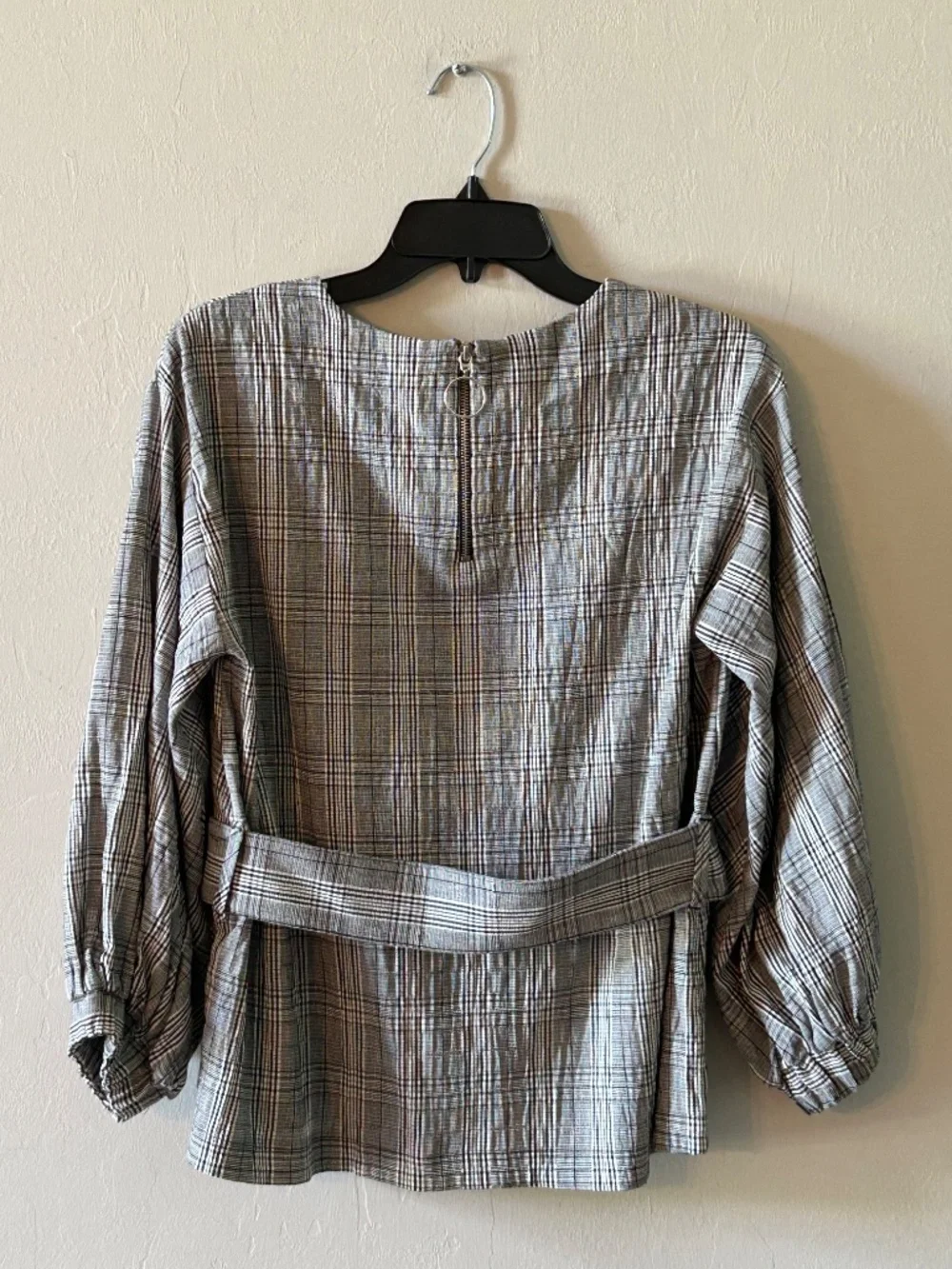 Zara TRF Plaid Balloon Sleeve Belted Blouse Top Black White Zipper Back Sz M